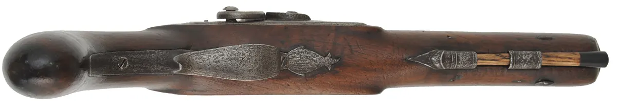 Cased Antique Pistols,
.75 caliber, 7-1/2" barrels,
percussion, walnut stock, iron trim,
marked Patrick, Liverpool
