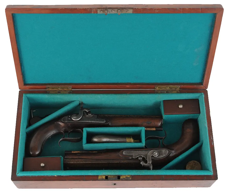 Cased Antique Pistols,
.75 caliber, 7-1/2" barrels,
percussion, walnut stock, iron trim,
marked Patrick, Liverpool
