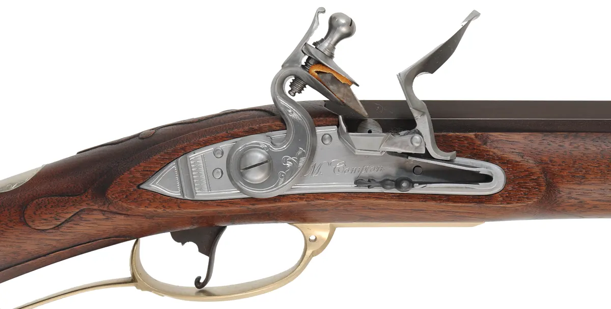Lancaster County, Pennsylvania Barn Rifle,
.50 caliber, 35" Colerain barrel,
engraved Chamber's flintlock, walnut, brass trim, 
as-new, unfired, by M. Compton