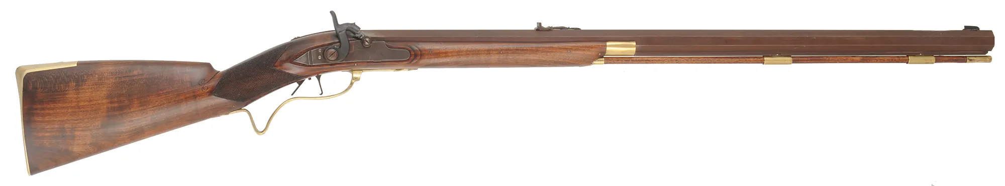 Jaeger Halfstock Rifle
.54 caliber, 31-1/2" octagon barrel,
Siler percussion lock, walnut, brass trim,
used, marked N. Kerry Jaeger Halfstock Rifle
.54 caliber, 31-1/2" octagon barrel,
Siler percussion lock, walnut, brass trim,
used, marked N. Kerry