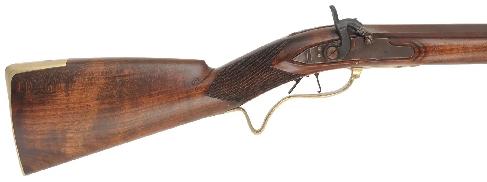 Jaeger Halfstock Rifle
.54 caliber, 31-1/2" octagon barrel,
Siler percussion lock, walnut, brass trim,
used, marked N. Kerry Jaeger Halfstock Rifle
.54 caliber, 31-1/2" octagon barrel,
Siler percussion lock, walnut, brass trim,
used, marked N. Kerry