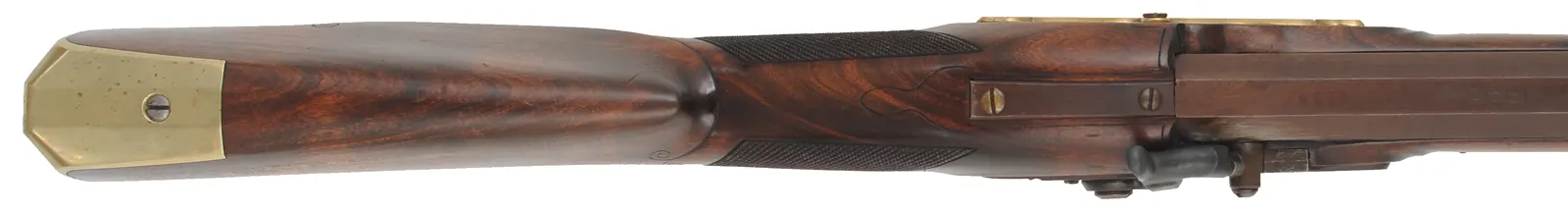 Jaeger Halfstock Rifle
.54 caliber, 31-1/2" octagon barrel,
Siler percussion lock, walnut, brass trim,
used, marked N. Kerry Jaeger Halfstock Rifle
.54 caliber, 31-1/2" octagon barrel,
Siler percussion lock, walnut, brass trim,
used, marked N. Kerry