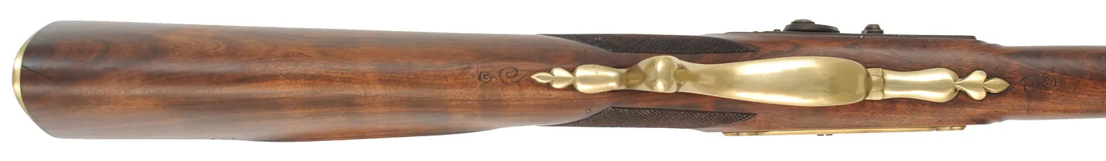 Jaeger Halfstock Rifle
.54 caliber, 31-1/2" octagon barrel,
Siler percussion lock, walnut, brass trim,
used, marked N. Kerry Jaeger Halfstock Rifle
.54 caliber, 31-1/2" octagon barrel,
Siler percussion lock, walnut, brass trim,
used, marked N. Kerry