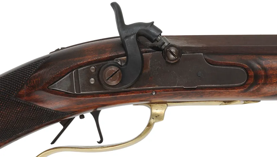 Jaeger Halfstock Rifle
.54 caliber, 31-1/2" octagon barrel,
Siler percussion lock, walnut, brass trim,
used, marked N. Kerry Jaeger Halfstock Rifle
.54 caliber, 31-1/2" octagon barrel,
Siler percussion lock, walnut, brass trim,
used, marked N. Kerry