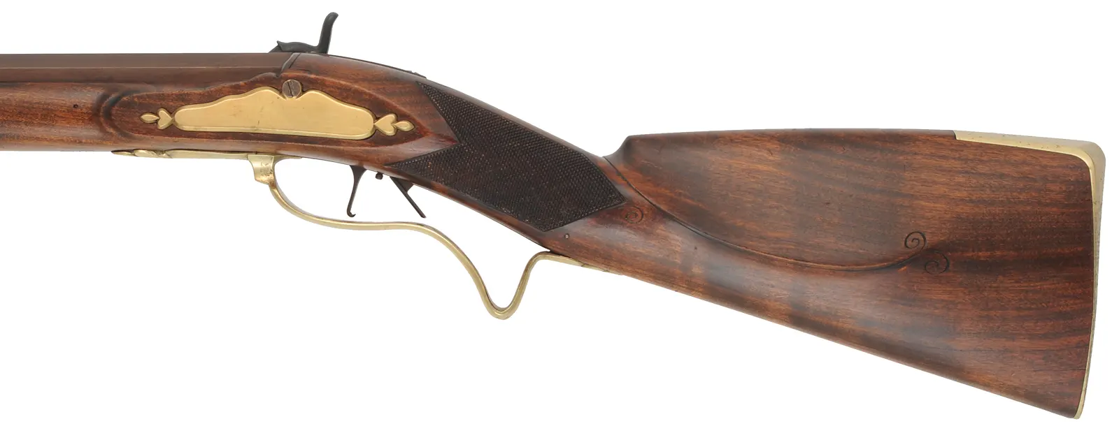 Jaeger Halfstock Rifle
.54 caliber, 31-1/2" octagon barrel,
Siler percussion lock, walnut, brass trim,
used, marked N. Kerry Jaeger Halfstock Rifle
.54 caliber, 31-1/2" octagon barrel,
Siler percussion lock, walnut, brass trim,
used, marked N. Kerry