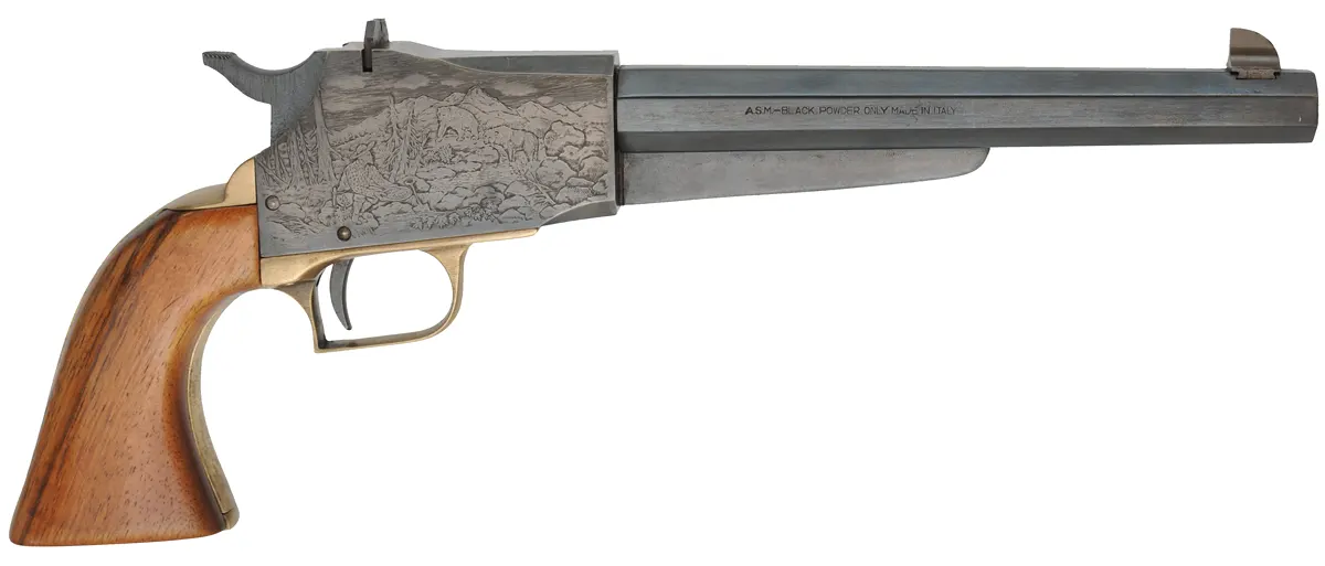 R. Tingle Single Shot Pistol,
.44 caliber, 8-5/8" barrel,
steel frame, walnut, brass,  
used, marked Armi San Marco ~ Italy