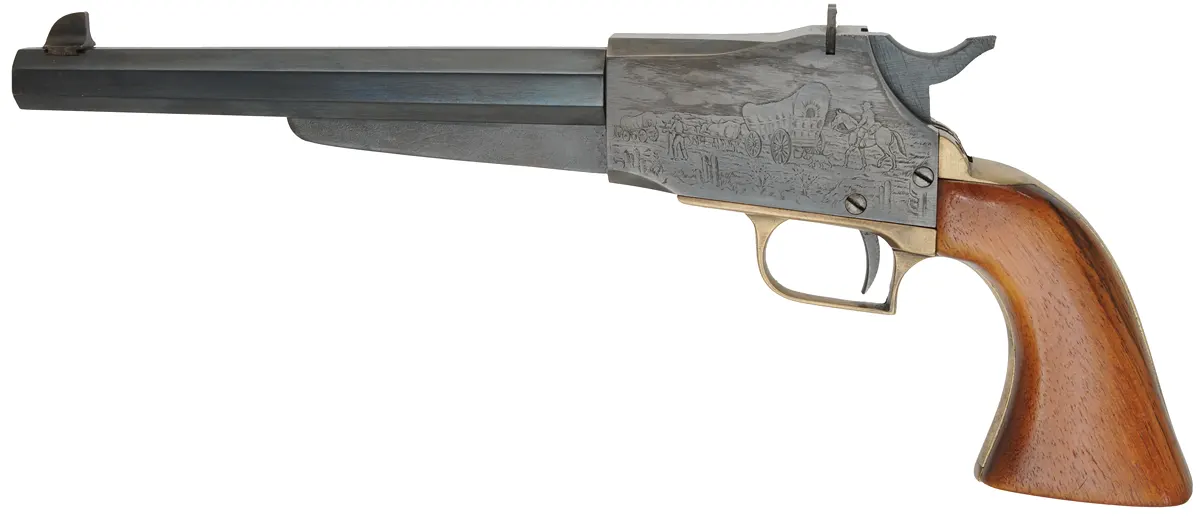 R. Tingle Single Shot Pistol,
.44 caliber, 8-5/8" barrel,
steel frame, walnut, brass,  
used, marked Armi San Marco ~ Italy