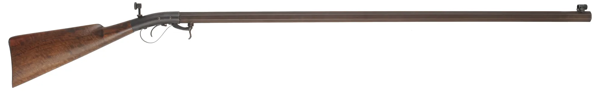 Underhammer Rifle,
.50 caliber, 41-3/4" barrel,
percussion, figured walnut, iron trim, 
glove and peep sight, used