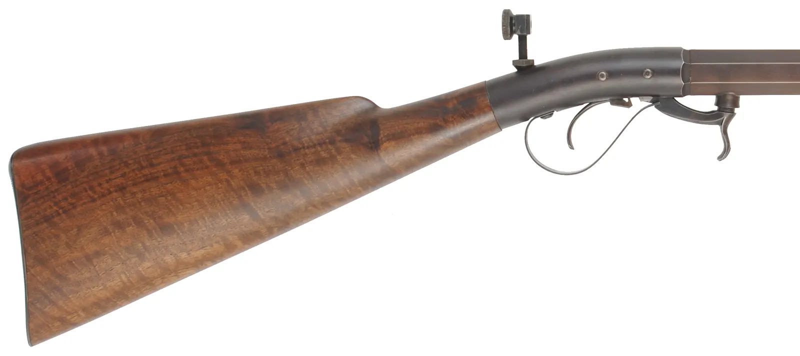 Underhammer Rifle,
.50 caliber, 41-3/4" barrel,
percussion, figured walnut, iron trim, 
glove and peep sight, used