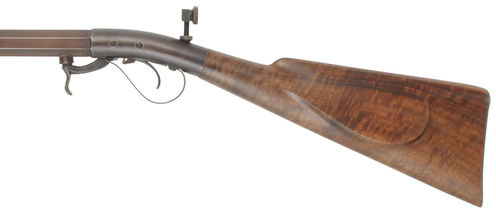 Underhammer Rifle,
.50 caliber, 41-3/4" barrel,
percussion, figured walnut, iron trim, 
glove and peep sight, used