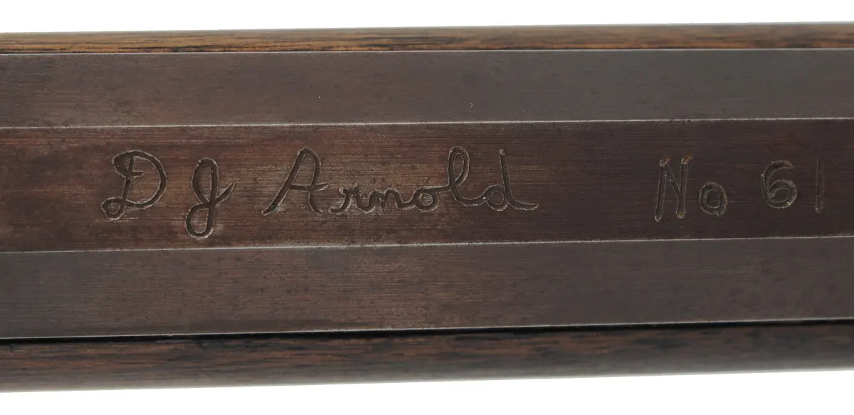 Chunk Gun
.40 caliber, 47" barrel,
walnut, iron, percussion, 
used, signed D.J. Arnold