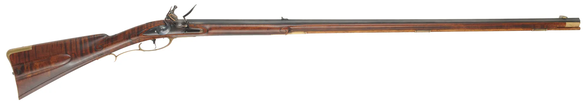 Colonial Longrifle,
.50 caliber,  43-1/2" swamped barrel, 
round faced flintlock, curly maple, brass, used