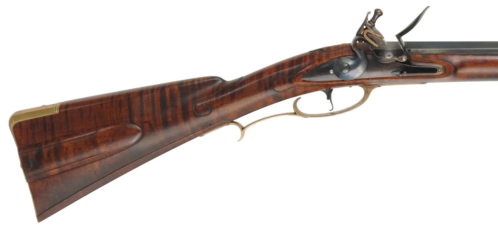 Colonial Longrifle,
.50 caliber,  43-1/2" swamped barrel, 
round faced flintlock, curly maple, brass, used