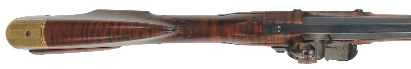 Colonial Longrifle,
.50 caliber,  43-1/2" swamped barrel, 
round faced flintlock, curly maple, brass, used