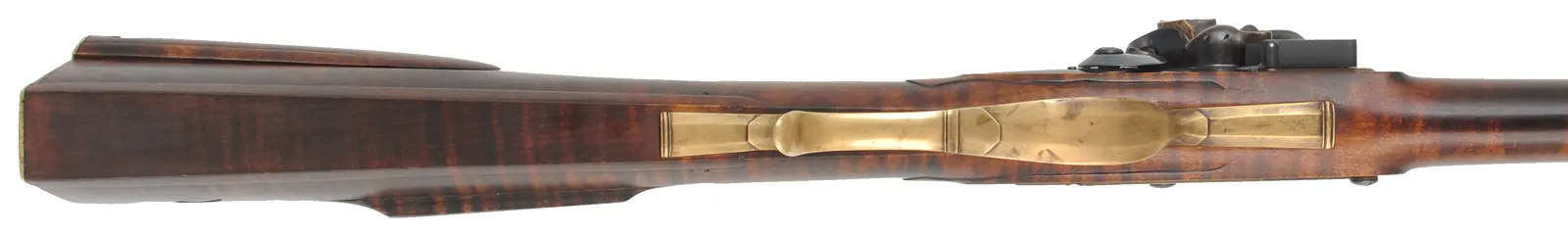 Colonial Longrifle,
.50 caliber,  43-1/2" swamped barrel, 
round faced flintlock, curly maple, brass, used