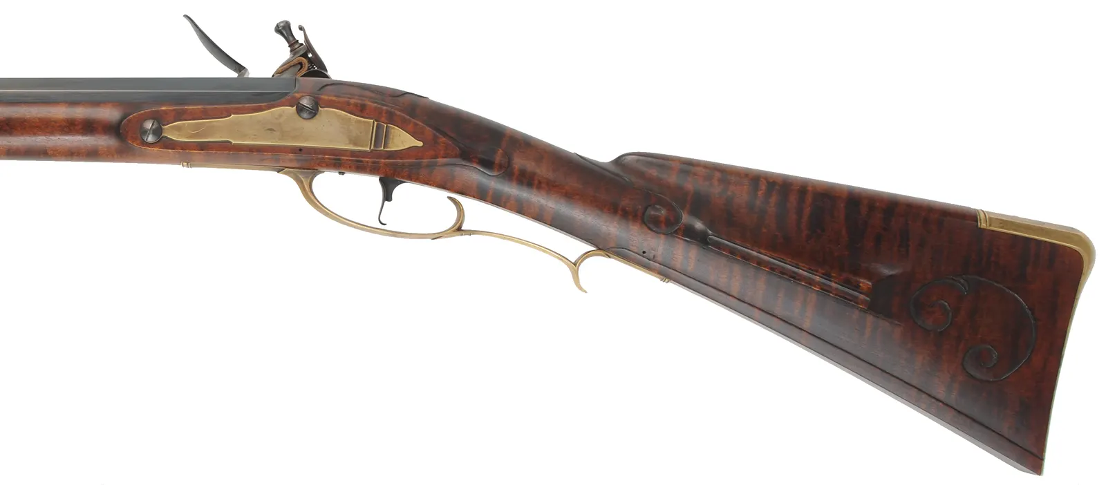 Colonial Longrifle,
.50 caliber,  43-1/2" swamped barrel, 
round faced flintlock, curly maple, brass, used