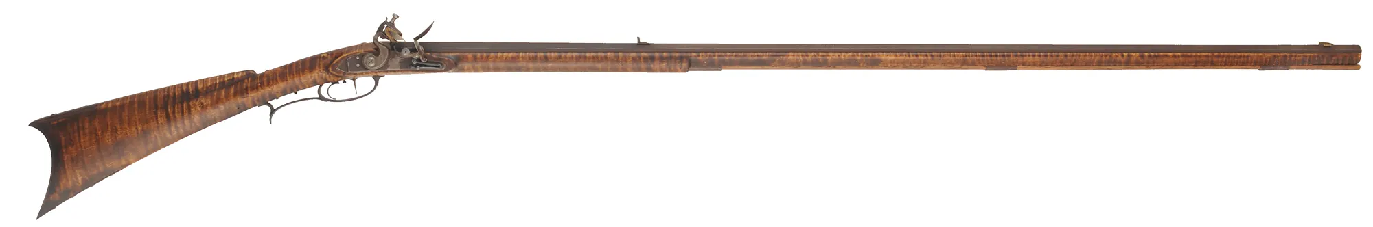 Southern Mountain Rifle,
.40 caliber,  46" Rice swamped barrel,
Ketland flintlock, curly maple, iron trim, used