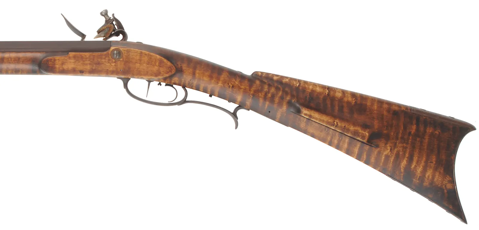 Southern Mountain Rifle,
.40 caliber,  46" Rice swamped barrel,
Ketland flintlock, curly maple, iron trim, used