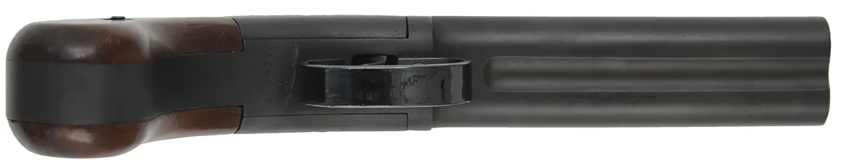 Ethan Allen Snake Eyes Pistol,
.36 caliber double barrel,
box lock percussion, factory blued,
by Hoppe's