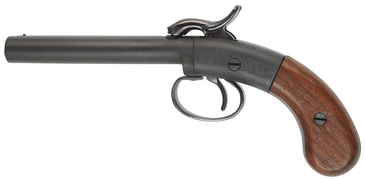 Ethan Allen Snake Eyes Pistol,
.36 caliber double barrel,
box lock percussion, factory blued,
by Hoppe's