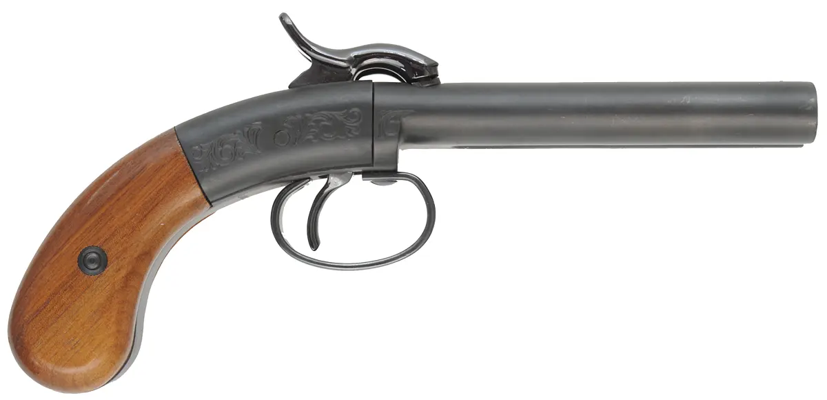 Ethan Allen Snake Eyes Pistol,
.36 caliber double barrel,
box lock percussion, factory blued,
by Hoppe's