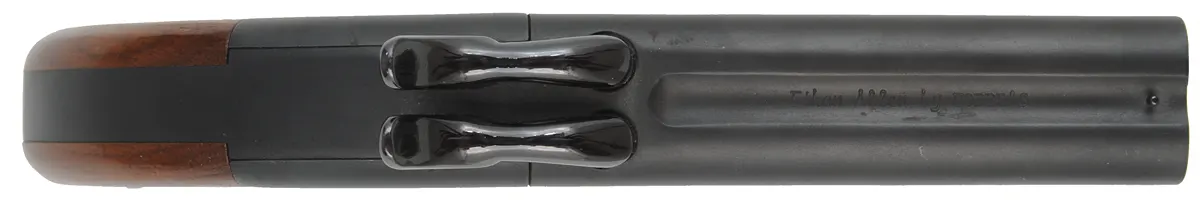 Ethan Allen Snake Eyes Pistol,
.36 caliber double barrel,
box lock percussion, factory blued,
by Hoppe's