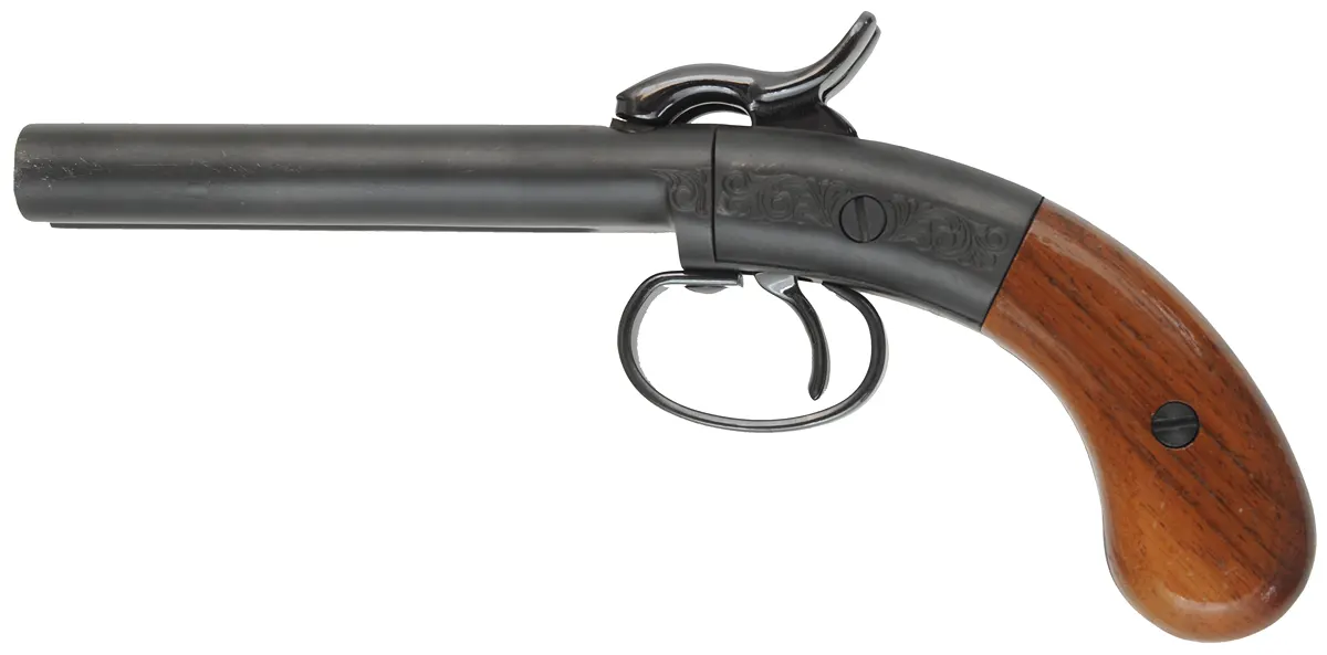 Ethan Allen Snake Eyes Pistol,
.36 caliber double barrel,
box lock percussion, factory blued,
by Hoppe's