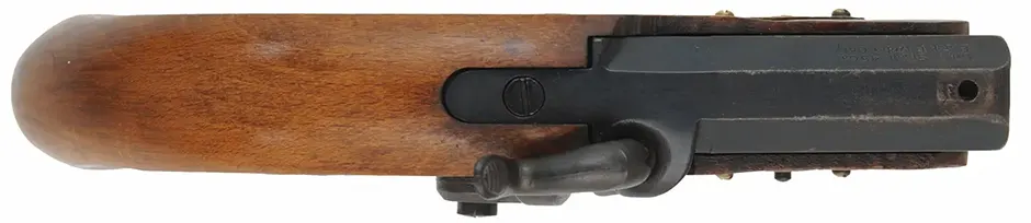 Derringer Pistol,
.45 caliber,  2-1/2" barrel, 
percussion, beech, brass trim,
no front sight, 
used, from a kit, made in Spain for Dikar