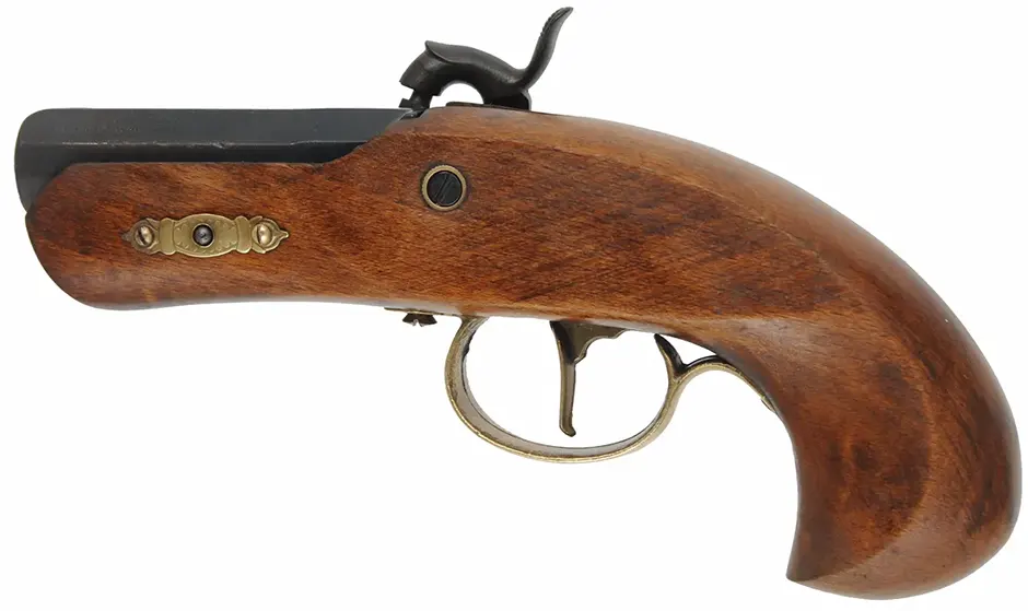 Derringer Pistol,
.45 caliber,  2-1/2" barrel, 
percussion, beech, brass trim,
no front sight, 
used, from a kit, made in Spain for Dikar