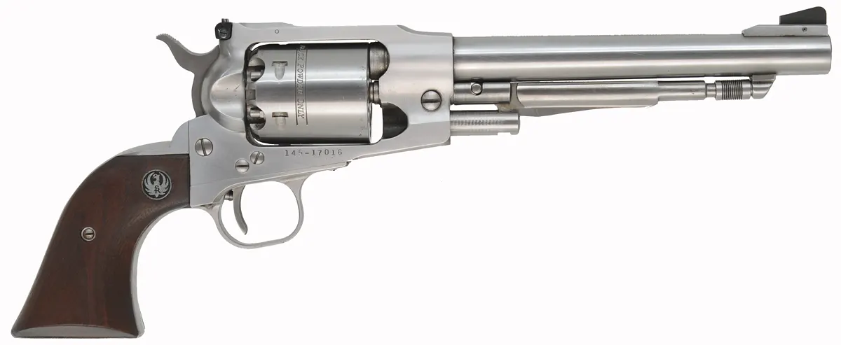 Ruger Old Army Revolver,
.45 caliber, 7-1/2" barrel,
percussion, stainless, target sights,
Ruger flap holster, used