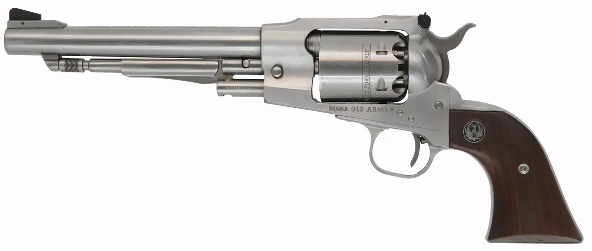 Ruger Old Army Revolver,
.45 caliber, 7-1/2" barrel,
percussion, stainless, target sights,
Ruger flap holster, used