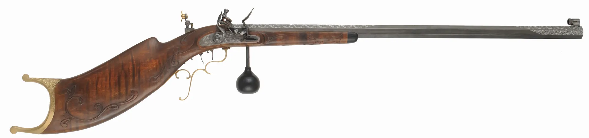 Schuetzen Offhand Target Rifle,
.40 caliber, 31" Oregon Rifle Works barrel,
walnut, brass furniture, globe & tang sight,
palm rest, engraved, by B. Raby