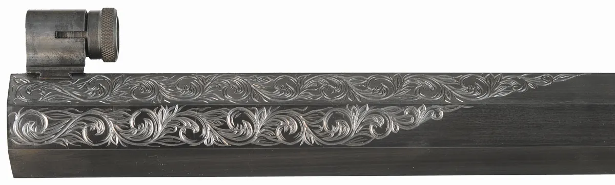 Schuetzen Offhand Target Rifle,
.40 caliber, 31" Oregon Rifle Works barrel,
walnut, brass furniture, globe & tang sight,
palm rest, engraved, by B. Raby