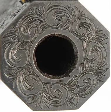 Schuetzen Offhand Target Rifle,
.40 caliber, 31" Oregon Rifle Works barrel,
walnut, brass furniture, globe & tang sight,
palm rest, engraved, by B. Raby