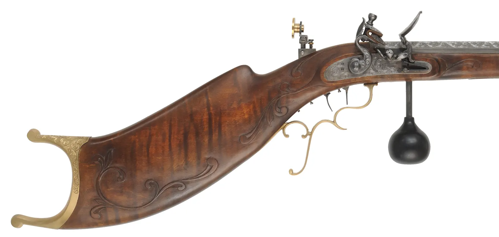 Schuetzen Offhand Target Rifle,
.40 caliber, 31" Oregon Rifle Works barrel,
walnut, brass furniture, globe & tang sight,
palm rest, engraved, by B. Raby