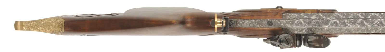 Schuetzen Offhand Target Rifle,
.40 caliber, 31" Oregon Rifle Works barrel,
walnut, brass furniture, globe & tang sight,
palm rest, engraved, by B. Raby