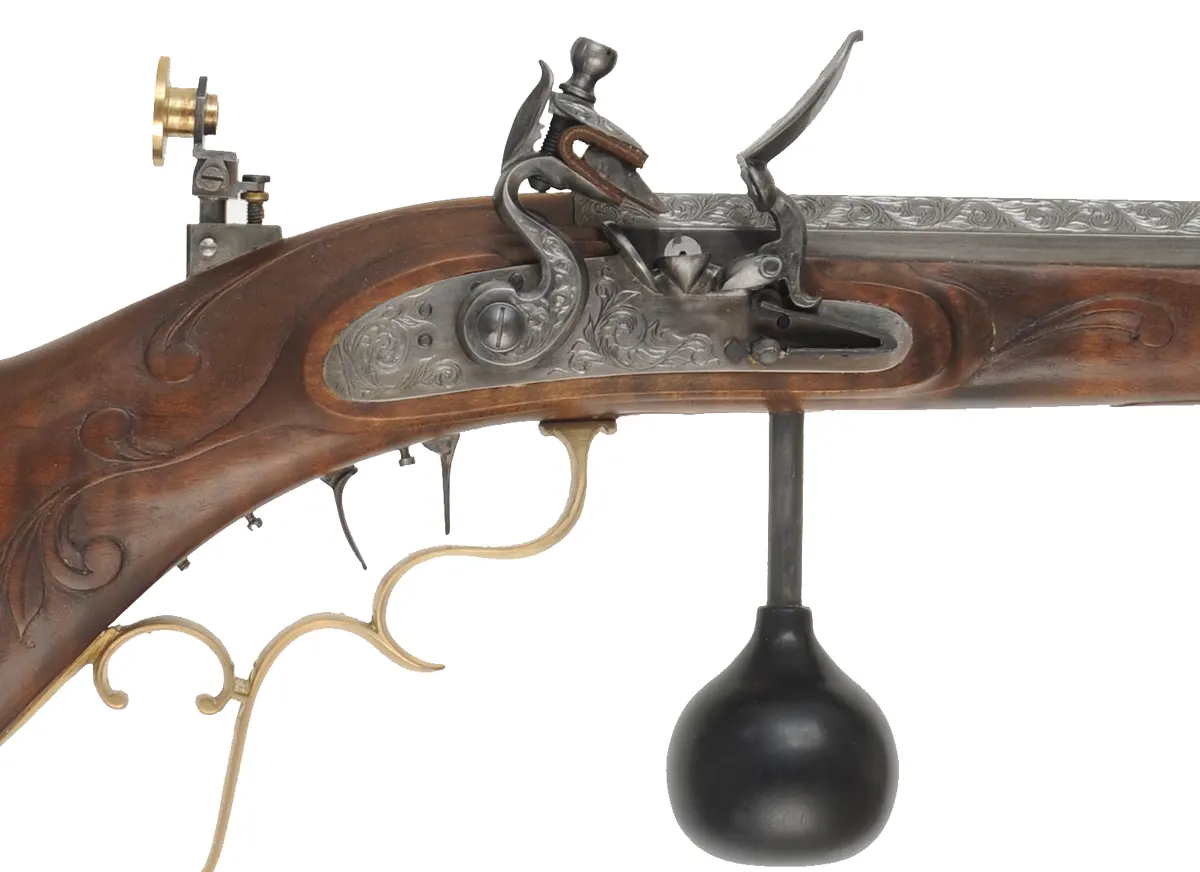 Schuetzen Offhand Target Rifle,
.40 caliber, 31" Oregon Rifle Works barrel,
walnut, brass furniture, globe & tang sight,
palm rest, engraved, by B. Raby