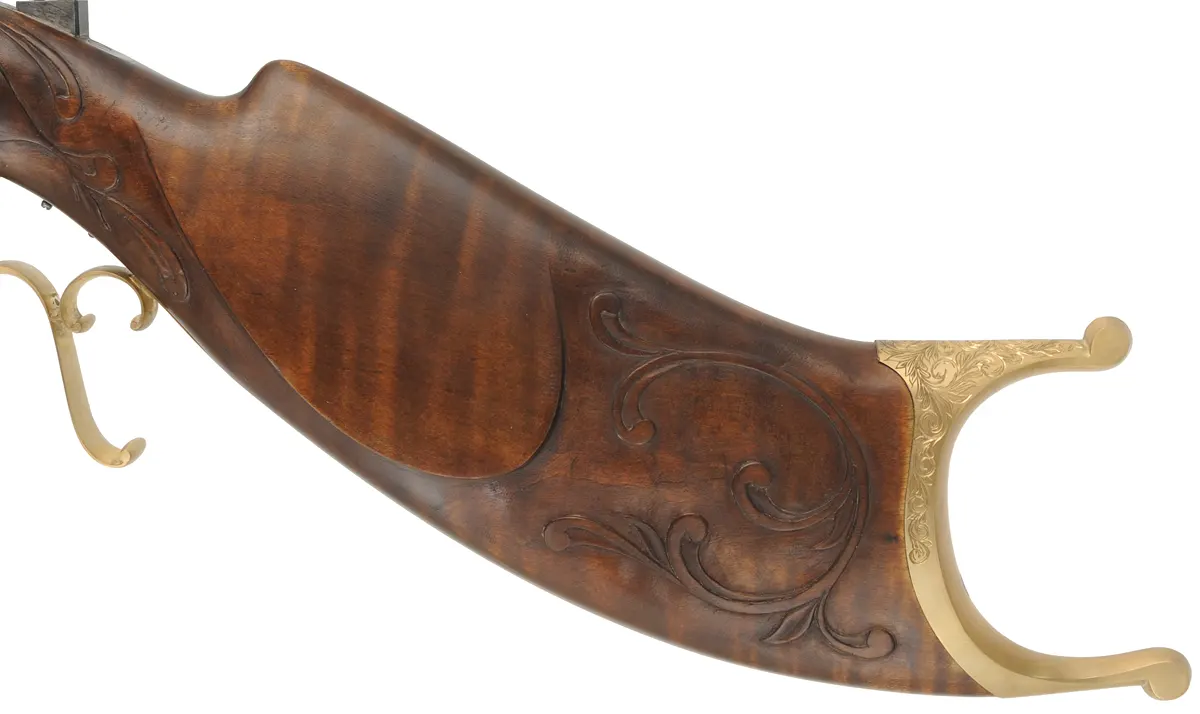 Schuetzen Offhand Target Rifle,
.40 caliber, 31" Oregon Rifle Works barrel,
walnut, brass furniture, globe & tang sight,
palm rest, engraved, by B. Raby