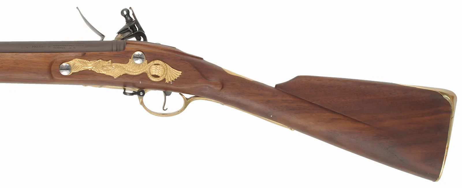 Brown Bess Carbine,
.75 caliber, 30-1/2" barrel,
GRICE 1762 flintlock, walnut stock, brass trim with serpent sideplate,
sling swivels, used, by Davide Pedersoli