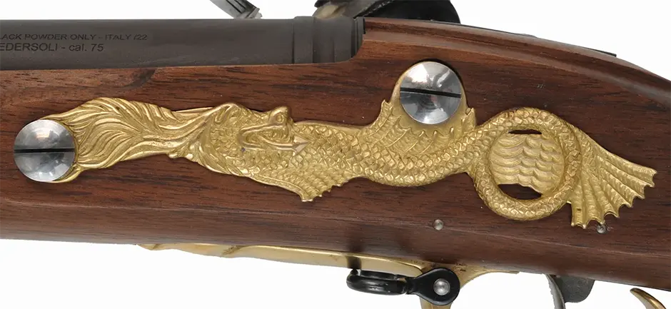 Brown Bess Carbine,
.75 caliber, 30-1/2" barrel,
GRICE 1762 flintlock, walnut stock, brass trim with serpent sideplate,
sling swivels, used, by Davide Pedersoli