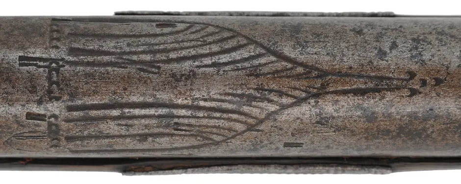 Antique Miquelet Musket, 
.60 caliber smoothbore, 54-1/2" barrel,
Miquelet flintlock, engraved steel & brass trim