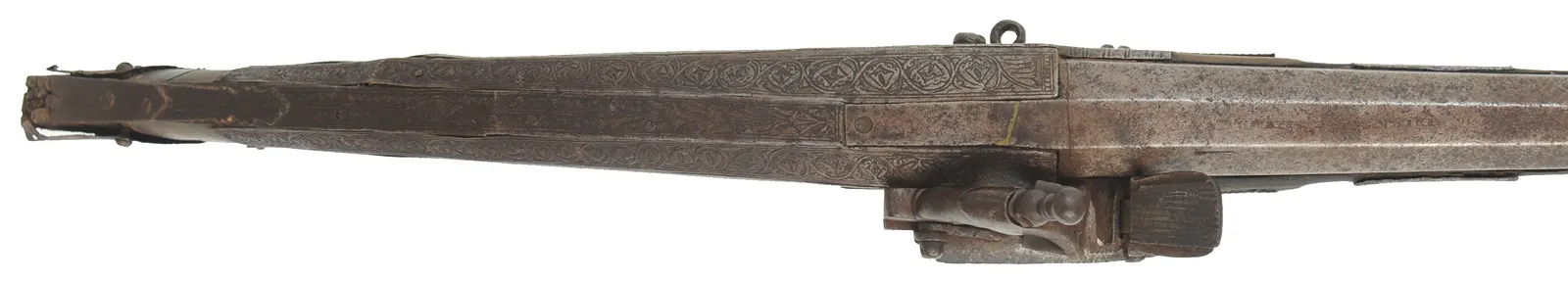 Antique Miquelet Musket, 
.60 caliber smoothbore, 54-1/2" barrel,
Miquelet flintlock, engraved steel & brass trim