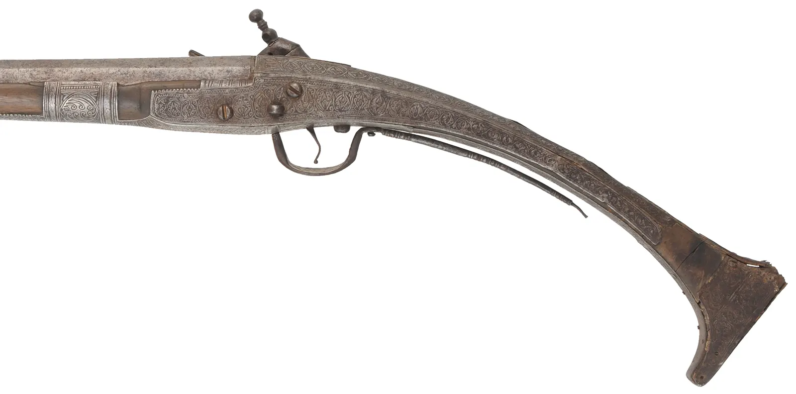 Antique Miquelet Musket, 
.60 caliber smoothbore, 54-1/2" barrel,
Miquelet flintlock, engraved steel & brass trim