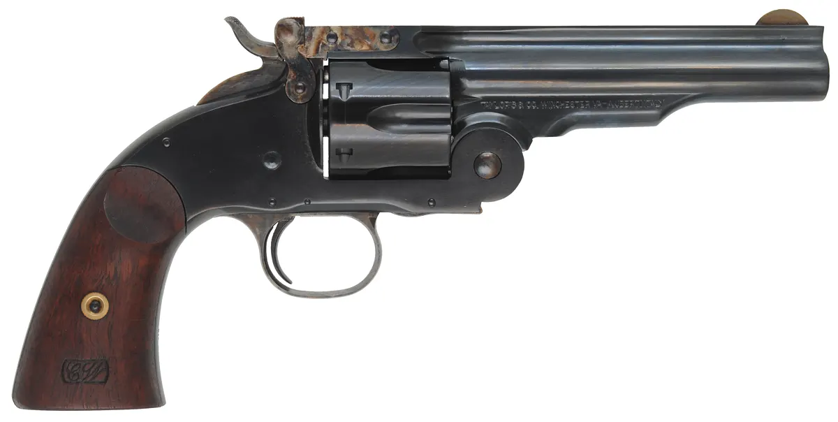 Model 1875 No. 3 2nd Model Smith & Wesson
Schofield Army Revolver
caliber .45 Colt, 5" barrel, walnut,
near-new, by A. Uberti