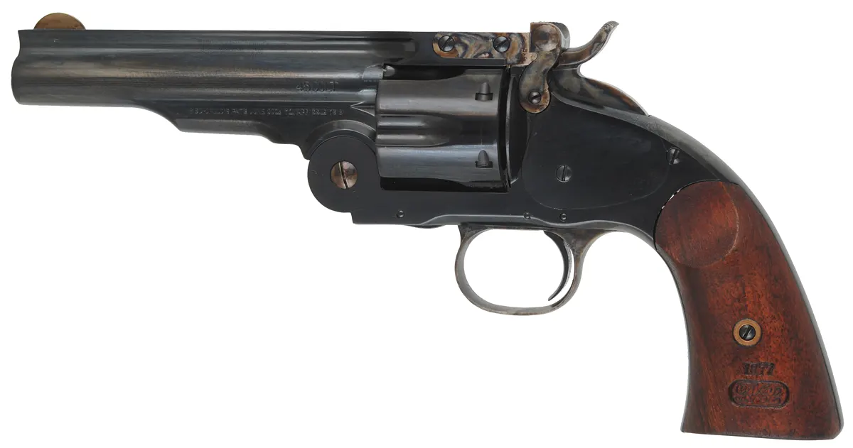 Model 1875 No. 3 2nd Model Smith & Wesson
Schofield Army Revolver
caliber .45 Colt, 5" barrel, walnut,
near-new, by A. Uberti