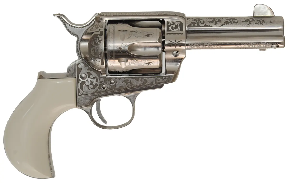 Pietta1873 Single Action "Huckleberry",
caliber .45 Colt, 3-1/2" barrel,
nickel finish, engraved, faux ivory grips,
as-new, by Pietta~ Italy