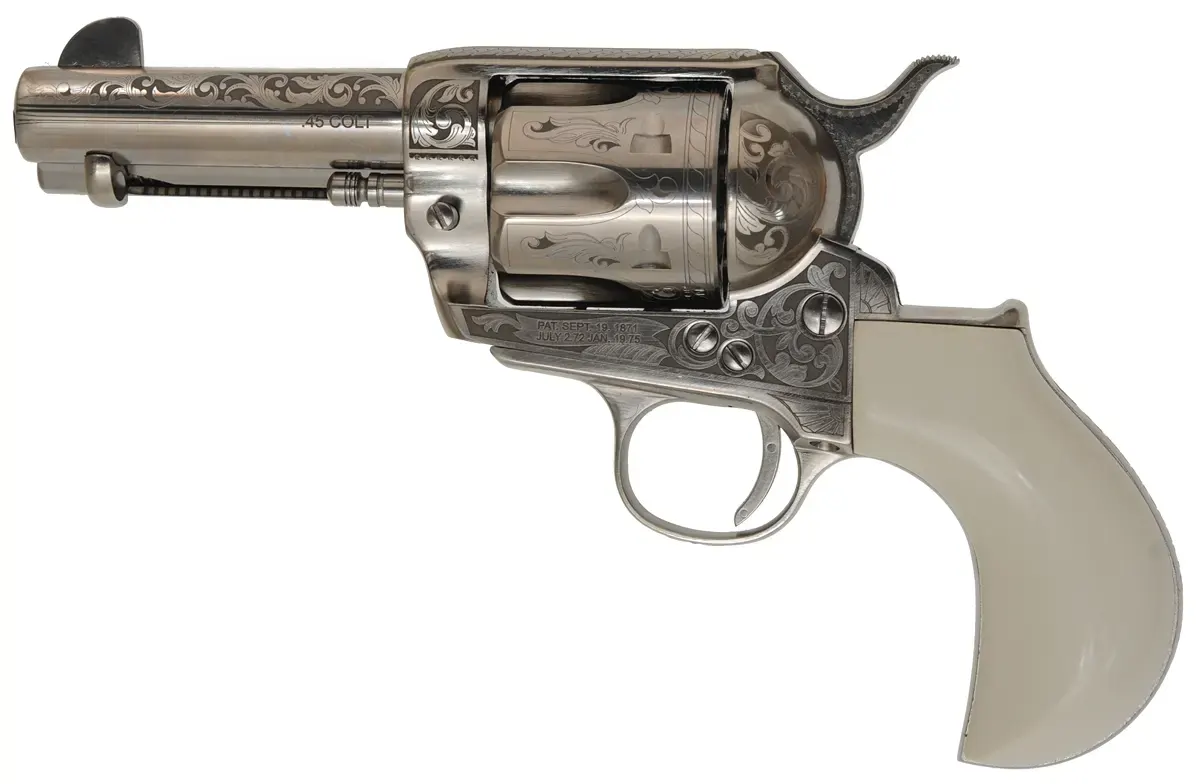 Pietta1873 Single Action "Huckleberry",
caliber .45 Colt, 3-1/2" barrel,
nickel finish, engraved, faux ivory grips,
as-new, by Pietta~ Italy