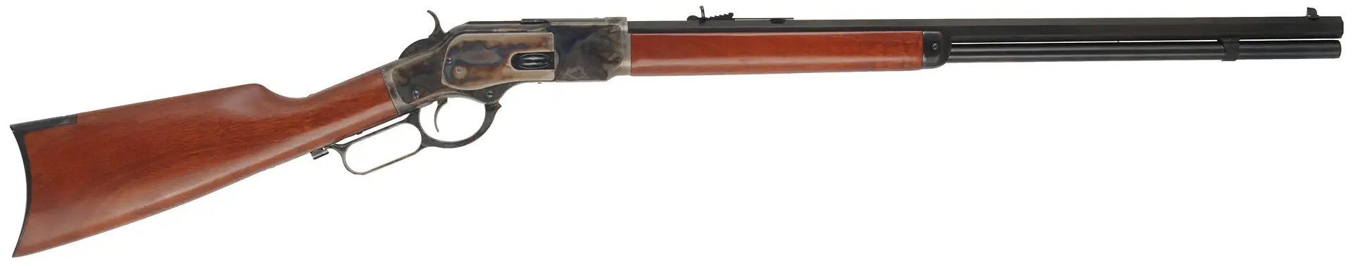 Model 1873 Winchester Rifle,
caliber .45 Colt, 24-1/4" barrel,
walnut, color case hardened action, 
used, by Aldo Uberti