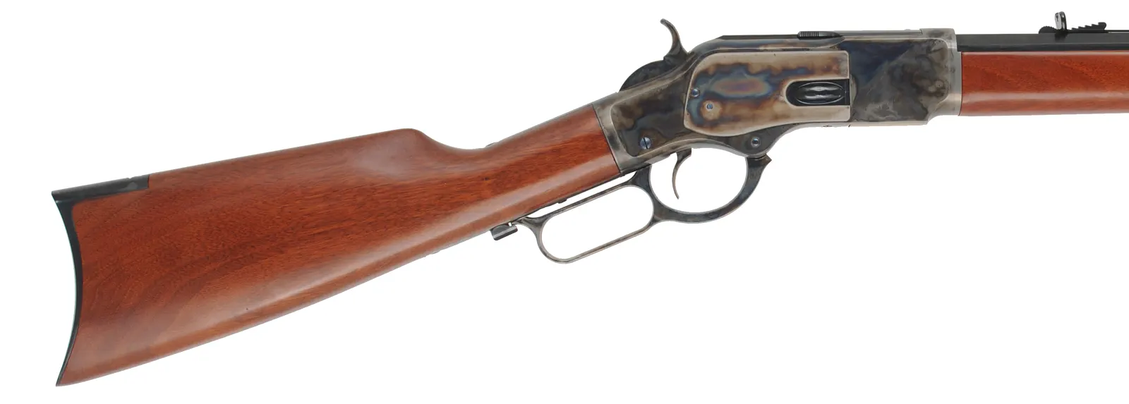 Model 1873 Winchester Rifle,
caliber .45 Colt, 24-1/4" barrel,
walnut, color case hardened action, 
used, by Aldo Uberti
