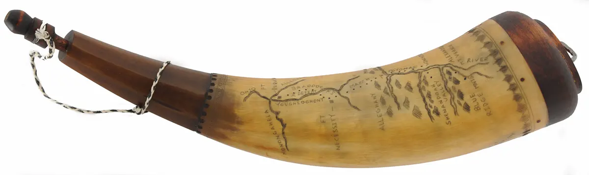 Powder Horn,
12-1/2", scrimshaw verse, 
Potomac river valley map, iron staple